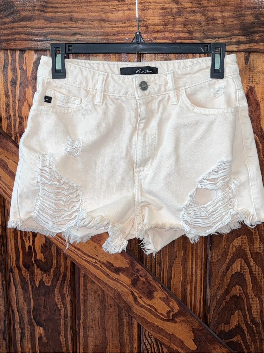 Kancan Cream Distressed Denim Shorts - Women's